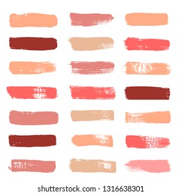 Makeup strokes, nude brush stains vector background. smear make up lines, Set of lipstick swatches, texture isolated on white. paint line.