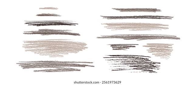 Makeup strokes set, eye liner swatches, black texture brush. Brow mascara. Color palette. Vector texture isolated on white. Hand drawn illustration for beauty design, cosmetic shop