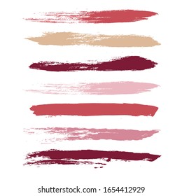 Makeup strokes, Set of lipstick swatches, Beauty and cosmetic nude, pink and red brush smudges vector background. smear make up lines collection, liquid make up texture isolated on white. paint lines.