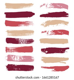 Make-up Strikes, Set von Lippenstift-Armbanduhren, Schönheit und kosmetischer Akt, rosa und roter Vektorillustration-Hintergrund. Abstrichen von Schminklinien, flüssige Make-up-Textur einzeln auf Weiß. Farblinien.