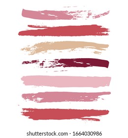 Makeup strokes, Set of lipstick swatches, Beauty and cosmetic nude, pink and red brush smudges vector background. smear make up lines collection, liquid make up texture isolated on white. paint lines.