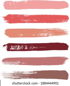 Make-up Strikes, Set von Lippenstift-Armbanduhren, Schönheit und Kosmetiknude, rosa und roter Pinsel, Vektorhintergrund. Abstrichen von Schminklinien, flüssige Make-up-Textur einzeln auf Weiß.
