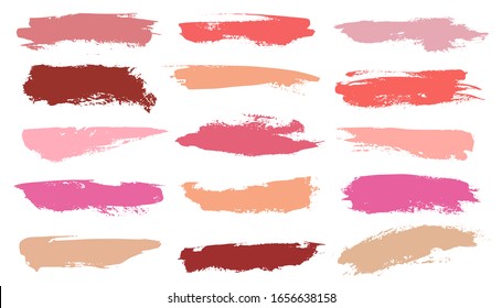 Makeup strokes. swatches of crushed texture pink lipstick and beautiful fashion cosmetics smear paint products for face vector set