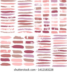 Makeup strokes vector set, Beauty and cosmetic nude brush stains background. smear make up lines collection, lipstick swatches, texture isolated on white. paint line texture.