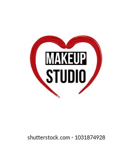 Makeup studio Logo template with a smear of liquid lipstick in the shape of a heart. Heart drawn red lipstick. Beauty and cosmetics background. Vector illustration.