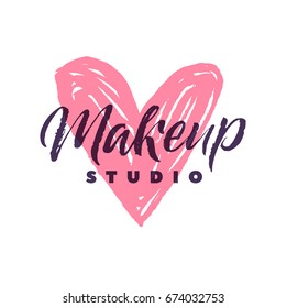 Makeup Studio Vector Logo. Stroke Pink Heart Illustration. Brand Lettering illustration.