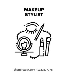 Makeup Stylist Vector Icon Concept. Professional Makeup Stylist Treatment In Beauty Salon. Brush And Lipstick, Eyeshadow And Mirror Hairdresser Accessories And Tools Black Illustration