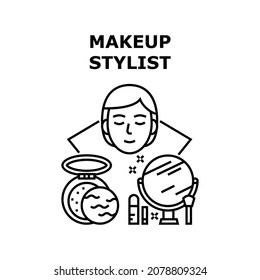 Makeup Stylist Vector Icon Concept. Makeup Stylist Treatment Client In Beauty Or Spa Salon, Mirror And Brush Cosmetology Accessories, Powder And Lipstick Cosmetic Black Illustration