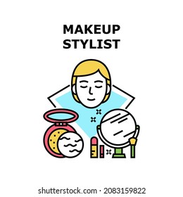 Makeup Stylist Vector Icon Concept. Makeup Stylist Treatment Client In Beauty Or Spa Salon, Mirror And Brush Cosmetology Accessories, Powder And Lipstick Cosmetic Color Illustration