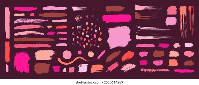 Pinceladas de maquillaje. Conjunto de pincelada de maquillaje facial de Vector Abstractas. Kit de texturas de color de rubor rosa cosmético dibujado a mano. Base, lápiz labial, polvo compacto, color de rubor swatches colección