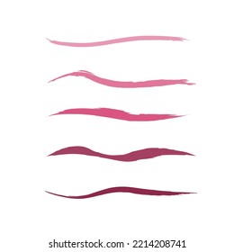 Makeup swatches, cosmetic texture stains, blobs, traces. Hand drawn cosmetic brush strokes set. Make up brush traces collection. Lipstick textured traces vector pack in pink, violet, red, purple color