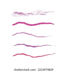 Makeup swatches, cosmetic texture stains, blobs, traces. Hand drawn cosmetic brush strokes set. Make up brush traces collection. Lipstick textured traces vector pack in rose, violet, pink, purple