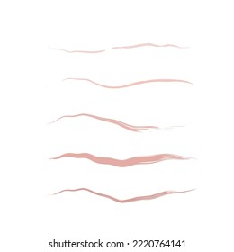 Makeup swatches, cosmetic texture stains, blobs, traces. Hand drawn cosmetic brush strokes set. Make up brush traces collection. Lipstick textured traces vector pack.Makeup swatches in rose, pink 