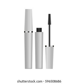 Makeup template blank mascara brush with white and silver tube details.vector template for cosmetic products and advertising