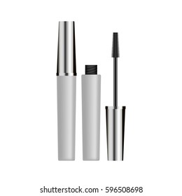 Makeup template blank mascara brush with white and silver tube details.vector template for cosmetic products and advertising