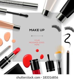 Makeup template with collection of make up cosmetics and accessories, vector illustration. 