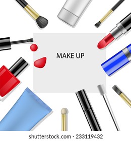Makeup template with collection of make up cosmetics and accessories, vector illustration.