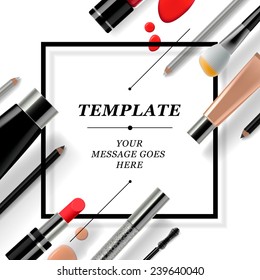 Makeup template with collection of make up cosmetics and accessories, vector illustration. 