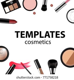 Makeup template with collection of make up cosmetics and accessories, vector illustration.