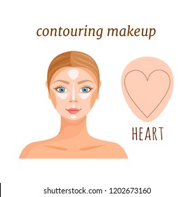 Makeup template of female face in the shape of a heart. Highlighting and shading of face. An example of contouring. Vector.