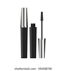Makeup template with lipstick tube and blank mascara brush with black and silver tube details.vector template for cosmetic products and advertising