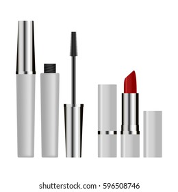 Makeup template with lipstick tube and blank mascara brush with white and silver tube details.vector template for cosmetic products and advertising