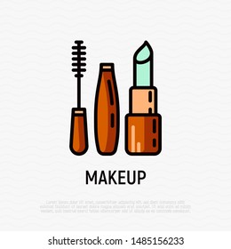 Makeup thin line icon: mascara and lipstick. Logo for makeup artist. Modern vector illustration.