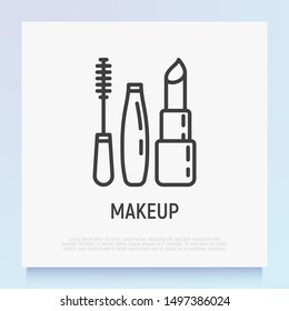 Makeup thin line icon: mascara and lipstick. Logo for makeup artist. Modern vector illustration.