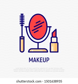 Makeup thin line icon: mascara, mirror and lipstick. Logo for makeup artist. Modern vector illustration.