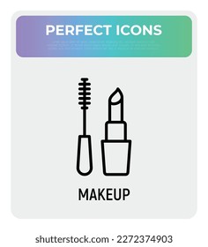 Makeup thin line icon: mascara and lipstick. Logo for makeup artist. Modern vector illustration.