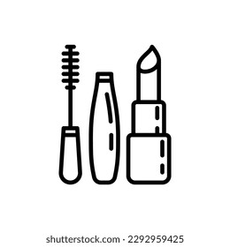 Makeup thin line icon: mascara, eyebrow tweezers. lipstick. Modern vector illustration.