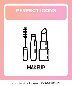 Makeup thin line icon: mascara, eyebrow tweezers. lipstick. Modern vector illustration.