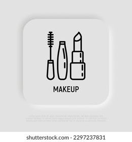 Makeup thin line icon: mascara, eyebrow tweezers. lipstick. Modern vector illustration.