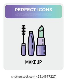 Makeup thin line icon: mascara, eyebrow tweezers. lipstick. Modern vector illustration.