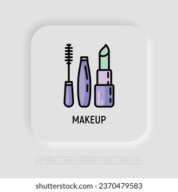 Makeup thin line icon: mascara, eyebrow tweezers. lipstick. Modern vector illustration.