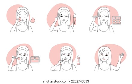 Makeup thin line icons set vector illustration. Outline girls apply on face beauty products with sponge, palette and brush, paint lips with lipstick, makeup steps for female characters collection