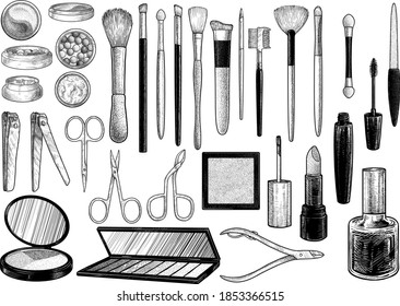 Makeup tool collections, illustration, drawing, engraving, ink, line art, vector