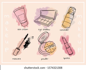 makeup tool kit: powder, concealer, cream, mascara, eye shadow, lipstick, watercolor ink illustration