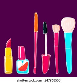 Makeup tools and accessories: nail polish tubes, pink powder brush, lipstick and eye pencil. Vector hand drawn illustration.