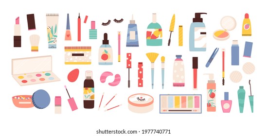 Makeup tools. Beauty cosmetic products in bottles, lipstick, mascara brush, eye shadows, polish and creams. Make up and skin care vector set. Illustration makeup and bottle with cream for care