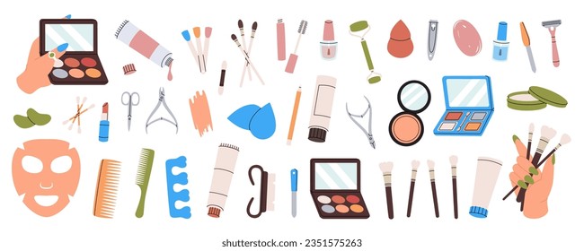 Makeup tools. Makeup and beauty tools. Manicure and pedicure tools, cosmetic cream, brushes, nail polish, sponge, hair comb, massage roller.