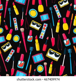 Makeup tools and bottles seamless pattern. Black background with mascara, false lashes, lipstick and other cosmetics