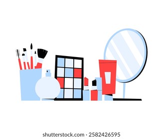 Makeup Tools, Brushes, and Mirror in Flat Vector Illustration Symbolizing Beauty, Cosmetics, and Personal Care, Isolated on White Background