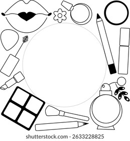 Makeup tools circle round frame in square template. Vector graphic line illustration. Black and white cosmetic makeup art. business card, certificate or gift voucher, flyer.
