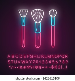 Makeup tools, cosmetic accessories neon light icon. Glowing sign with alphabet, numbers and symbols. Feminine fashion, beautician equipment vector isolated illustration. Beauty shop products 