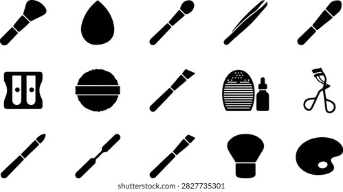 Makeup tools and cosmetics accessories solid silhouette icon set for beauty and makeover