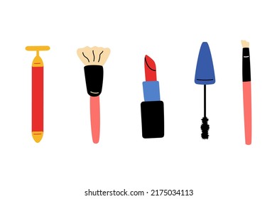 Makeup tools. Doodle women cosmetic products. Face blush and eyeshadow brushes. Lipstick or mascara. Glamour lady. Abstract minimalist sketch. Vector isolated female beauty accessories set