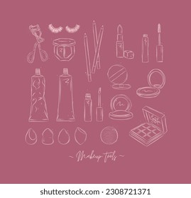 Makeup tools eyelash clip, false eyelashes, eye shadow, pencil, lipstick, mascara, face cream, mirror powder, sponge drawing on pink background