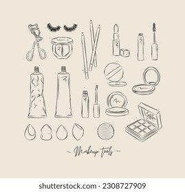 Makeup tools eyelash clip, false eyelashes, eye shadow, pencil, lipstick, mascara, face cream, mirror powder, sponge drawing on beige background
