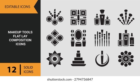 Makeup tools flat lay composition icon collection featuring beauty accessories arranged displays cosmetic essentials and creative styling concepts.